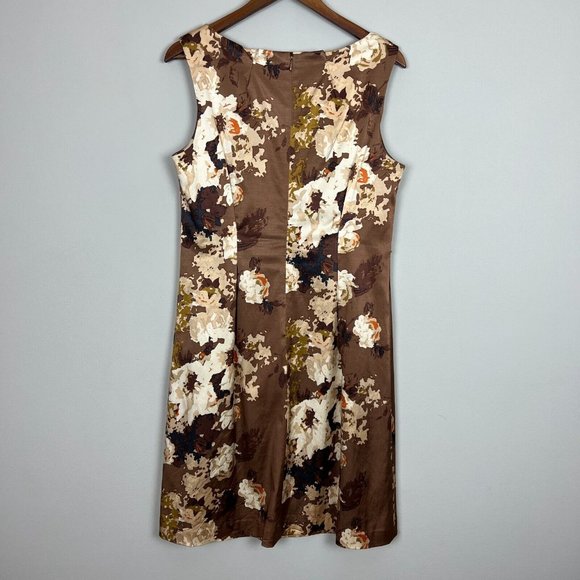 Talbots Dress Womens 12 Brown Floral Sheath Satin Sleeveless Stretch Knee Length - Picture 5 of 10